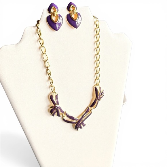 Trifari Jewelry - Signed Purple Enamel Trifari TM Necklace Unbranded Earrings Vintage‎ Jewelry Set
